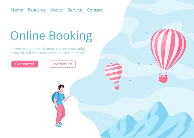 Hot air balloon online booking website template vector illustration landing page online travel