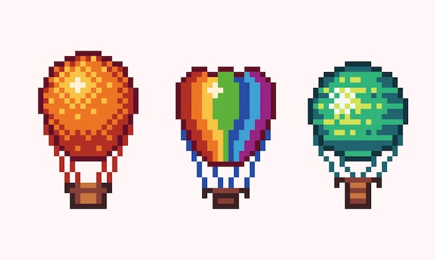 Hot air balloon pixel art set Aerostat collection 8 bit sprite