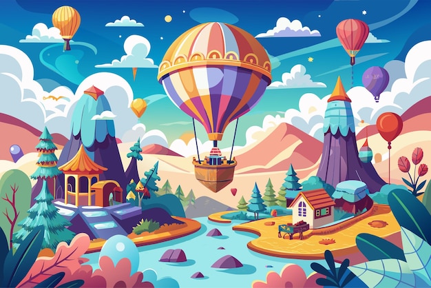 A hot air balloon soaring over a majestic mountain in a colorful cartoon illustration