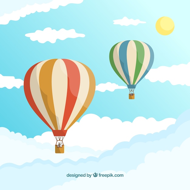 Hot air balloons background in the sky with clouds