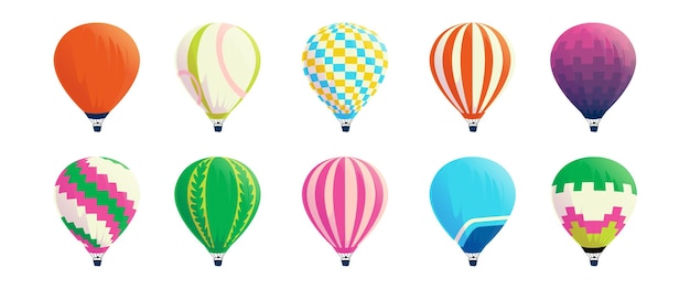 Hot air balloons Cartoon colorful airships Bright striped domes with baskets Retro or festival flying transport Vehicle soar in sky Summer romantic flight Vector aerostats set