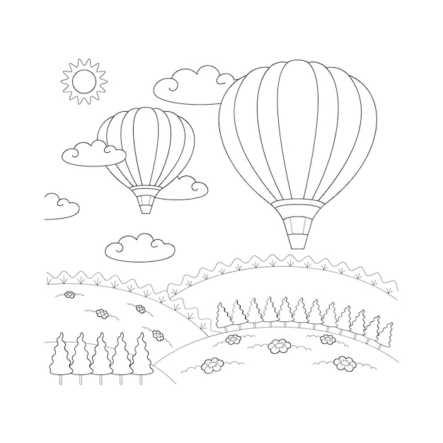 Hot air balloons in the sky Vector illustration for coloring book