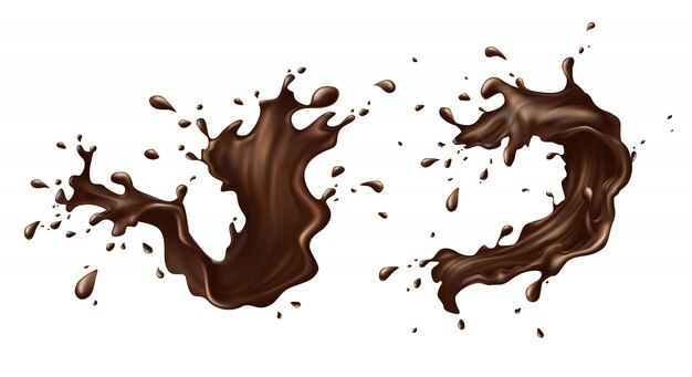 Vector hot chocolate, cacao or coffee splash with drops, blobs, blots 