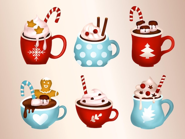 Hot chocolate cup Christmas coffee 3d cartoon vector latte drink set