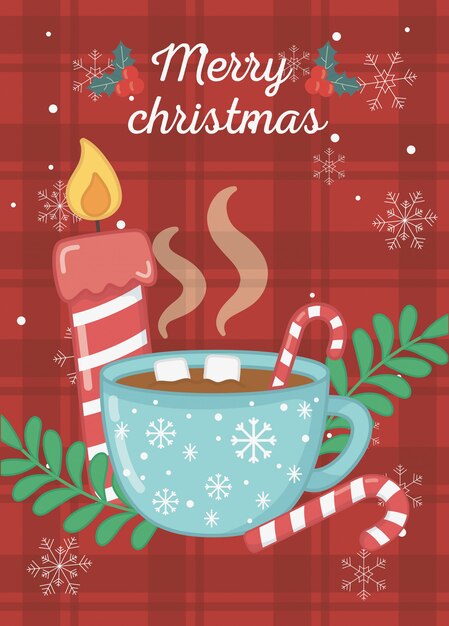 Vector hot chocolate cup marshmallow candle merry christmas card