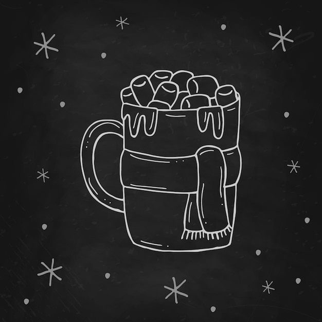 Hot chocolate in cup with scarf Warm cocoa with marshmallows with a snowflakes on black chalk board Vector illustration in doodle style Winter mood Hello 2023 Merry Christmas and Happy New Year