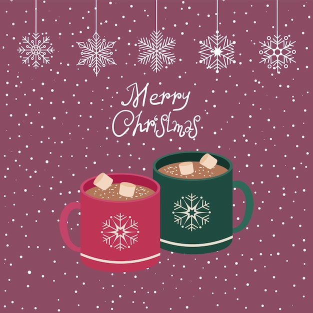 Hot chocolate with marshmallows A cup with an ornament in the form of snowflakes and the inscription Merry Christmas Vector illustration