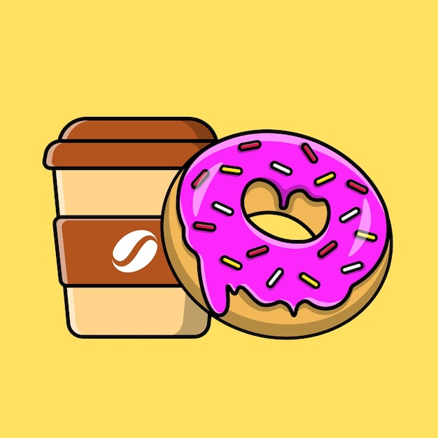 Hot Coffee with Donut Cartoon Vector Icons Illustration