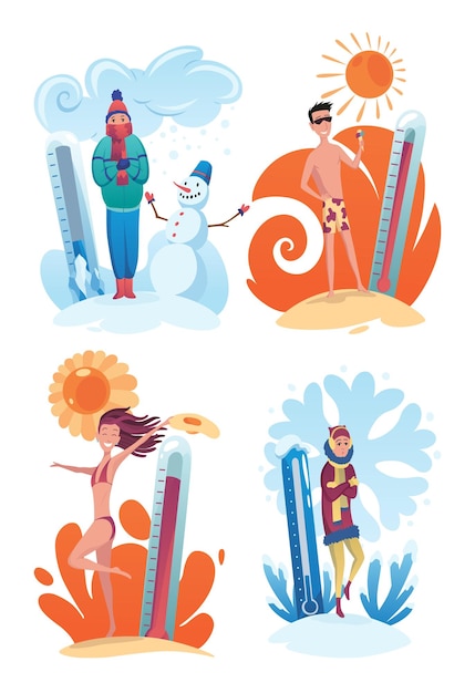 Hot cold weather Meteorology thermometers illustration Cartoon characters in summer and winter season