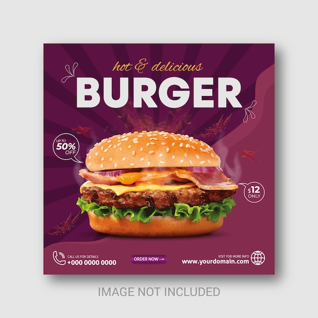 Hot and delicious burger food social media post template