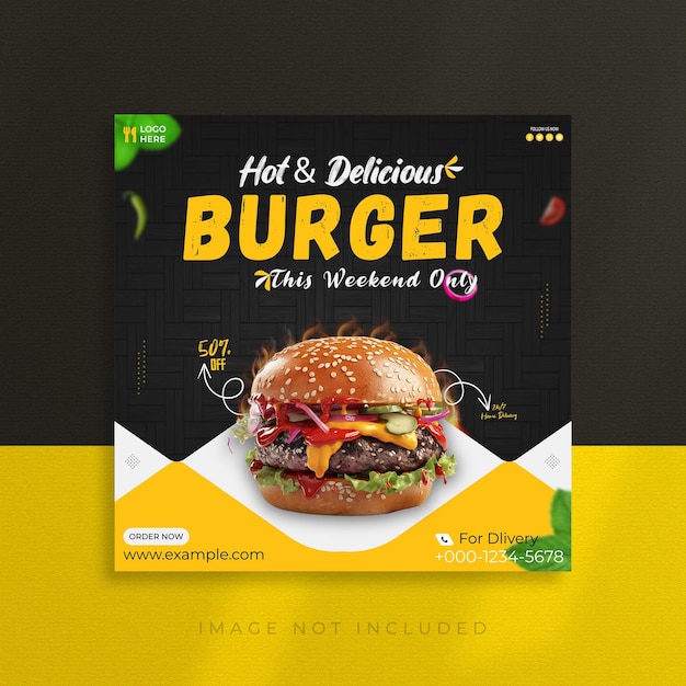 Vector hot and delicious burger social media template design