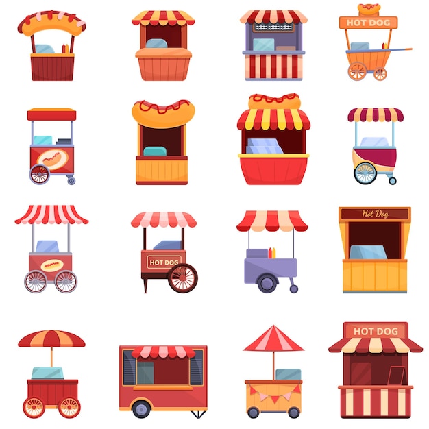 Hot dog cart icons set. Cartoon set of hot dog cart  icons for web design