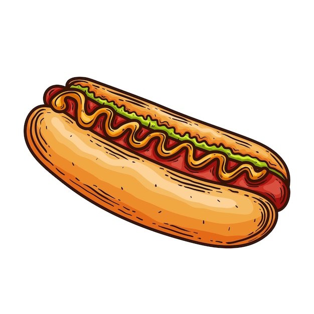 Hot dog hand draw, retro style, vector illustration, on a white background