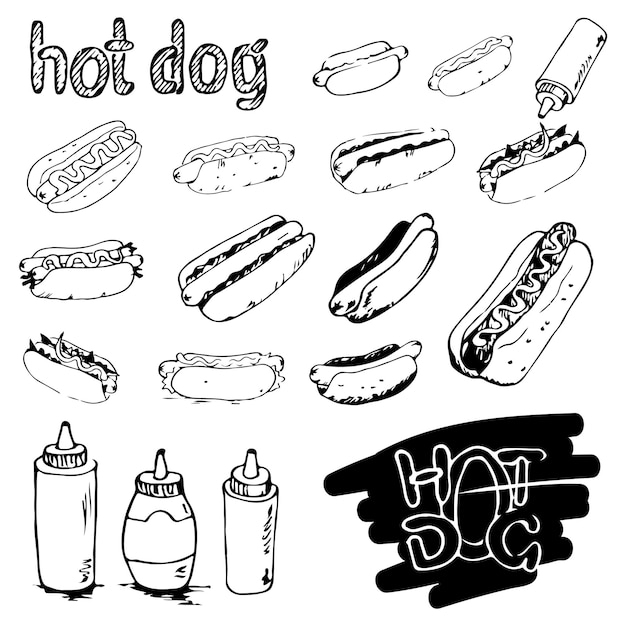 Hot dog hand drawn set of illustrations. Fast food design elements, sketches of hotdogs.