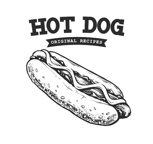 Hot Dog Retro Emblem. Logo template. Black and white text and hot dog sketch. EPS10 vector illustration.