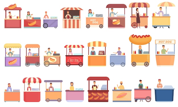 Hot dog seller icons set cartoon vector. Kiosk stand. Seller american