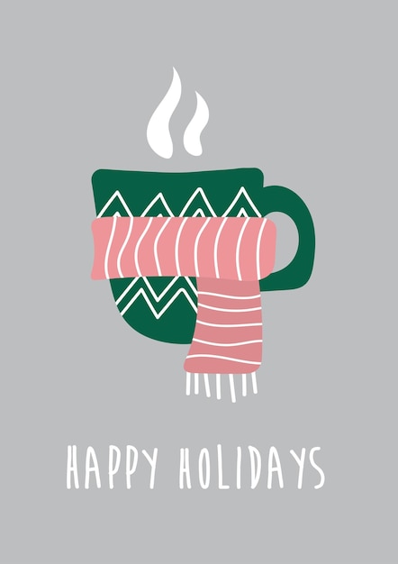 Vector hot drink in a winter mug wrapped in warm knitted scarf holiday card template