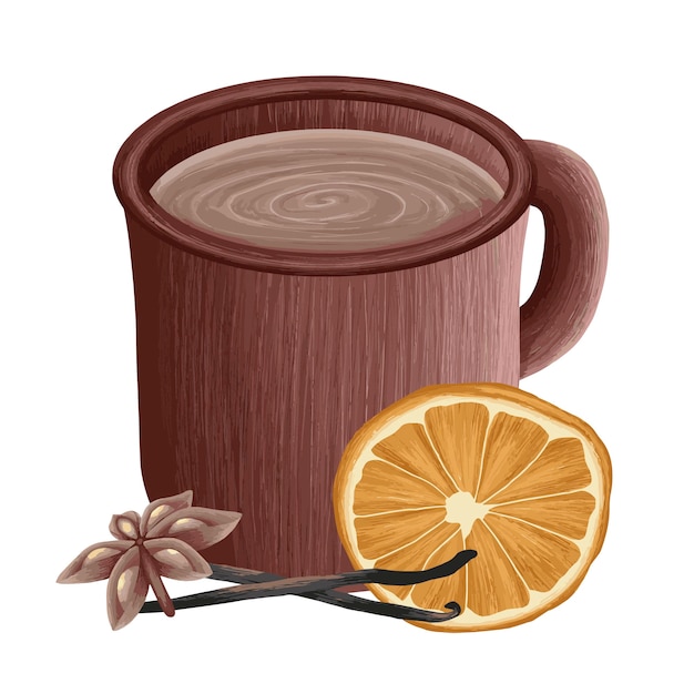 Hot drink with winter seasonings. Vector art