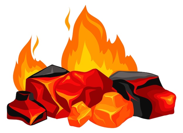 Vector hot fire flame cartoon fireplace burning charcoal pieces