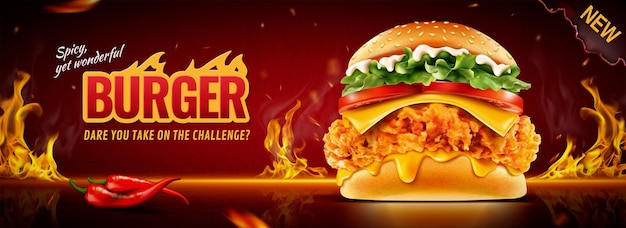 Hot fried chicken burger banner ads with burning fire effect in 3d illustration