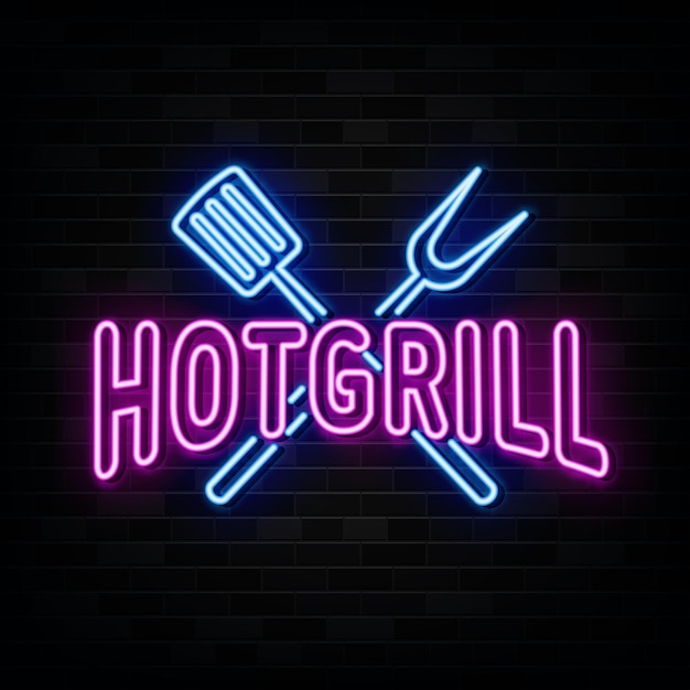 Hot Grill Logo Neon Signs Vector