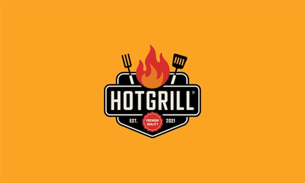 Hot grill logo with flames utensils and bold typography design