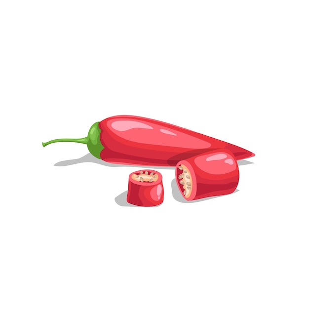 Hot red chili peppers.  Flat cartoon design style. Group jalapeno peppers with cuts.