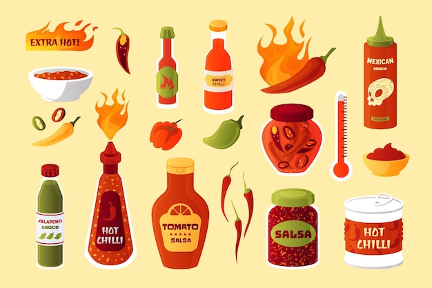 Vector hot sauce cartoon spicy chilli and pepper seasoning burning taste thai cuisine mexican cayenne tomato salsa bottles isolated fiery meal dressing and vegetables vector paprika food condiments set