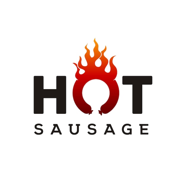 Hot Sausage typography with fire flame for BBQ Grill Barbecue logo design