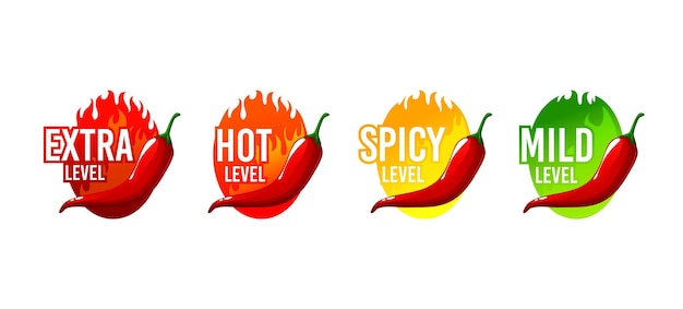 Hot spicy level labels with chili pepper mild medium and extra hot spicy food taste vector scale Hot spicy level labels with burning flame and chili pepper jalapeno or Tabasco sauce