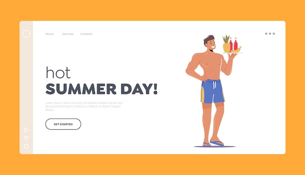 Hot Summer Day Landing Page Template. Male Character Wear Slippers and Swimming Shorts Holding Tray with Bottles. Man Relaxing at Swimming Pool, Drink Alcohol. Cartoon People Vector Illustration