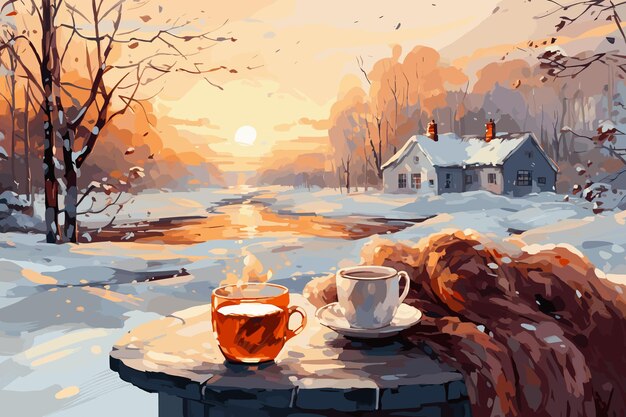 Hot tea cup on a frosty winter day window background