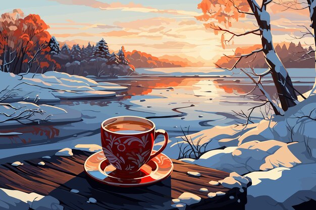 Hot tea cup on a frosty winter day window background