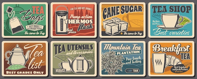 Hot tea drink retro posters vector beverage