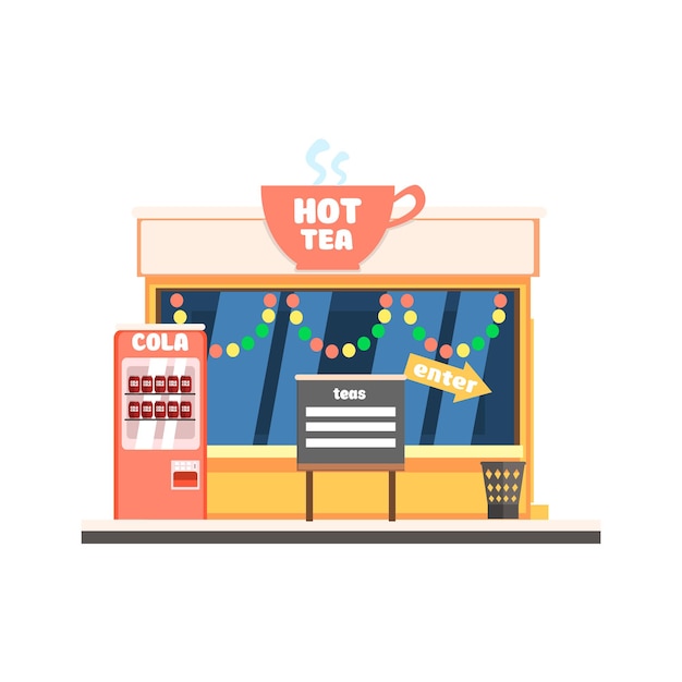 Hot Tea Shop Front in Christmas. Flat Vector Illustration