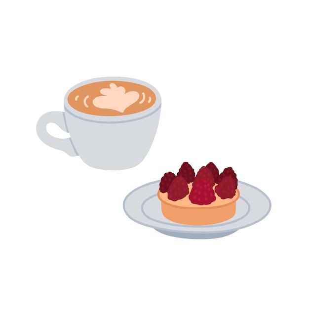 Vector hot warm drink with sweet pie coffee cappuccino or latte and dessert tartlet with raspberries