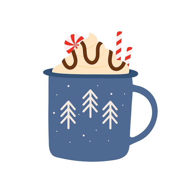 Hot winter drink in cup with cream Vector illustration