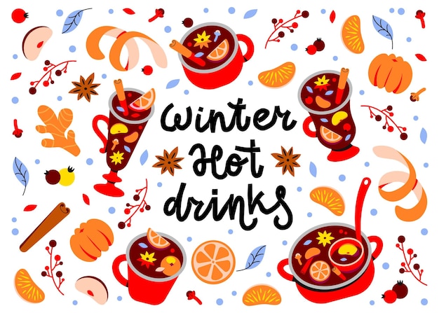 hot winter drinks are mulled wine, grog, punch or sangria. Wine in mugs and spices. Christmas bar me