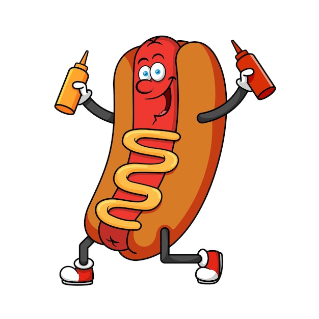 Hotdog Cartoon Character Holding Sauce Bottles