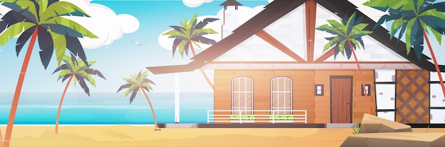 A hotel on a blue, clean and calm sea. Villa on a sandy beach with palm trees. Summer vacation concept.   illustration. Cartoon style.