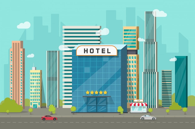 Hotel in the city buildings landscape view vector illustration in flat cartoon