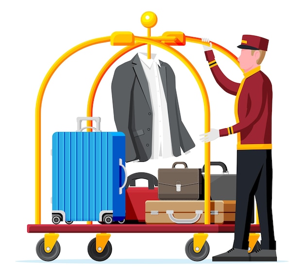 Hotel Luggage Cart Full of Luggage and Bellhop