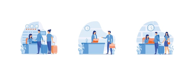 Hotel reception concept registration hotel service check in to hotel Scene of visit to service center set flat vector modern illustration