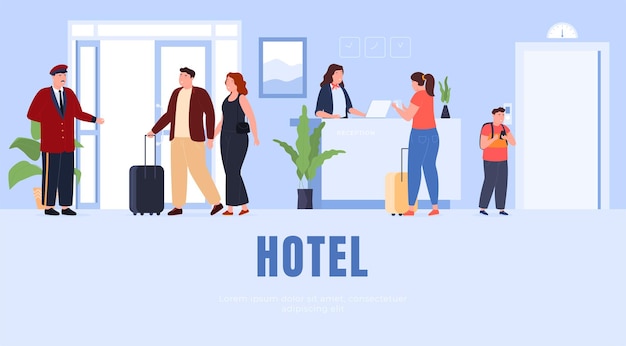 Hotel reception on the first floor Service staff of the hotel Have a nice rest on the trip Vector illustration