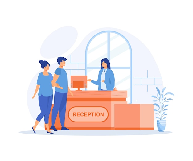 hotel receptionist concept Pair of tourists or travelers standing at reception desk and talking to receptionist Scene with guests at hotel lobby flat vector modern illustration