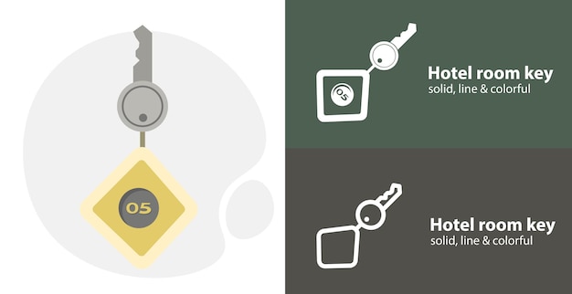 Hotel room key flat icon with hotel key simple line icon