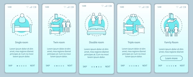 Hotel room types onboarding mobile app screen vector template. Choosing accommodation, apartment. Single, twin, double rooms walkthrough website steps. Hostel, motel. UX, UI, GUI smartphone interface