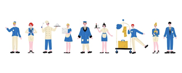 Hotel staff characters in blue uniform set manager maid waitress chef bellhop receptionist concierge