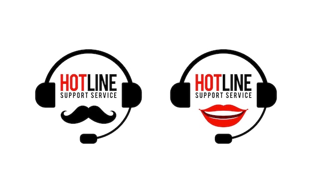 Hotline support service icon with headphones male female red lips and moustache unique concept