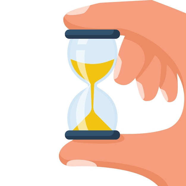 Hourglass flat icon. Holding the hourglass in hand. Vector cartoon design. Time management control.